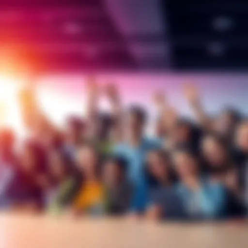 Group of diverse individuals celebrating their contributions to the Tezos community with smiles and creative expressions.