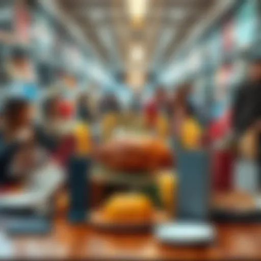 A festive Thanksgiving table with a turkey and people holding shopping bags in a store during Black Friday sales