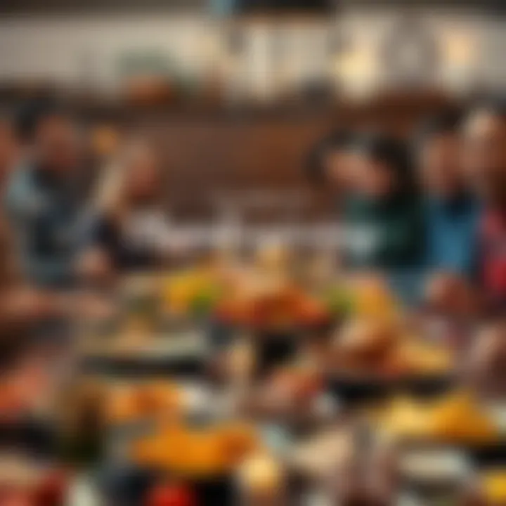 A group of people gathered around a table filled with Thanksgiving dishes, smiling and sharing joyful moments.