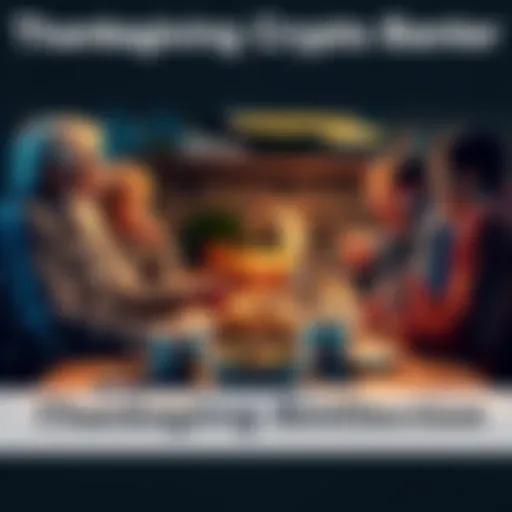 A family gathered around a table with Thanksgiving food, sharing laughs and discussing cryptocurrencies, reflecting on the market's ups and downs.