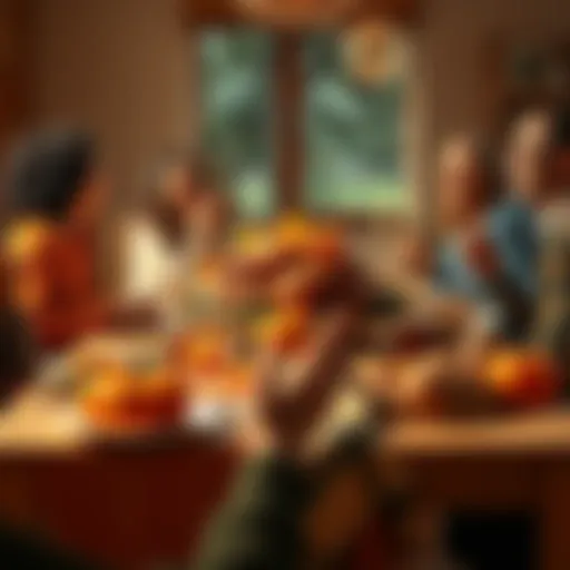 A beautifully set dinner table with a roasted turkey, autumn decorations, and family members sharing laughter and joy during Thanksgiving.