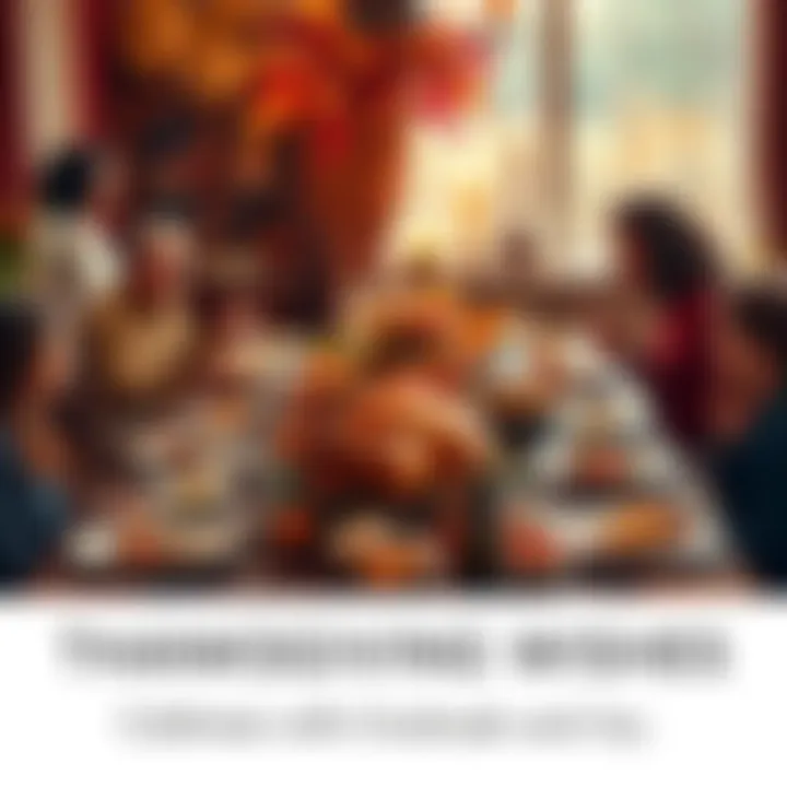 A beautifully set Thanksgiving dinner table with a turkey, side dishes, and festive decorations, surrounded by family members enjoying their meal together.