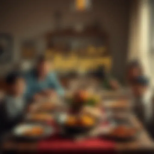A family gathered around a table filled with Thanksgiving dishes, smiling and enjoying their meal together