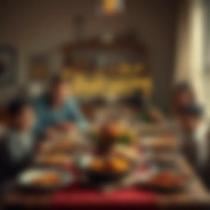 A family gathered around a table filled with Thanksgiving dishes, smiling and enjoying their meal together