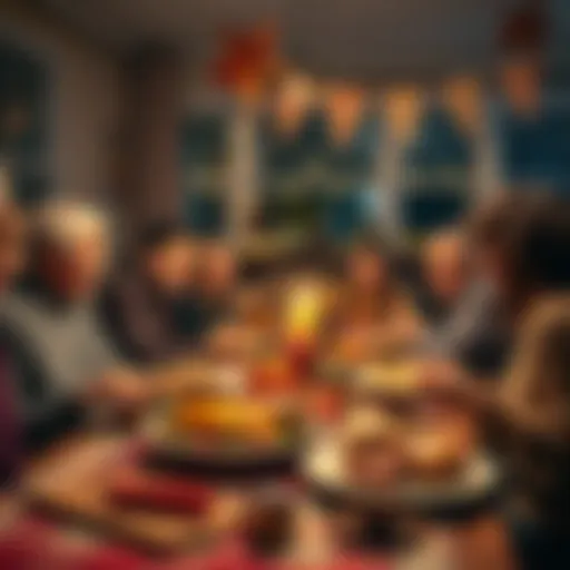 A family gathered around a festive Thanksgiving table filled with food and decorations, sharing joy and gratitude.