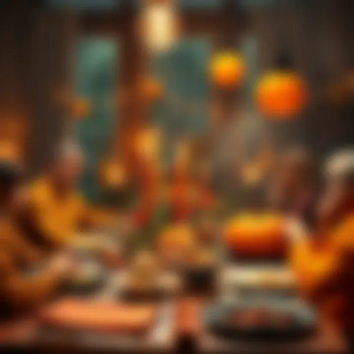 Thanksgiving Table with Family A warm Thanksgiving gathering with family around a festive table filled with food and decorations.