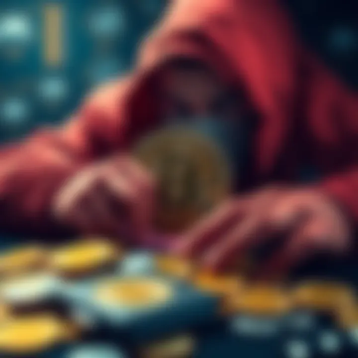 A digital representation of a thief mixing stolen Bitcoin, showing a blend of coins and a Coldcard wallet