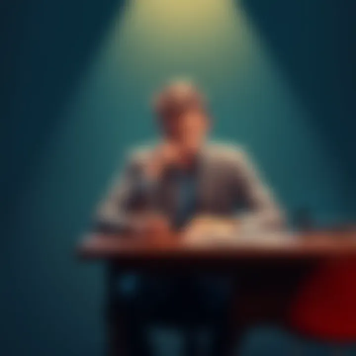 Thinking Person A person sitting at a desk, deep in thought with a notebook and pen, reflecting on their feelings and beliefs.