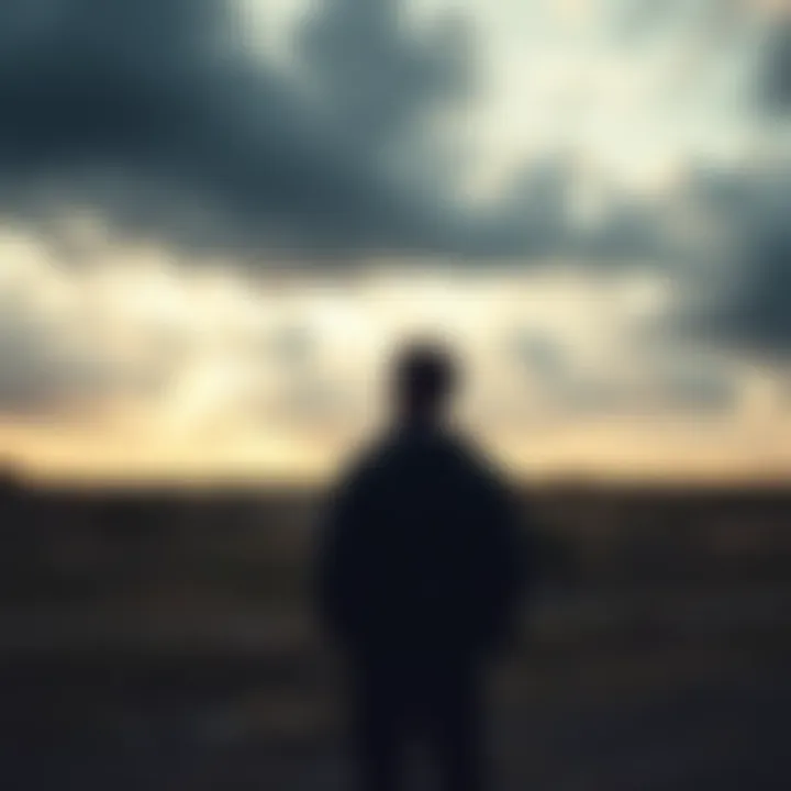 A person looking thoughtful A person standing alone under a cloudy sky, reflecting on life's challenges and setbacks