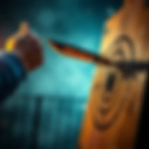 A person skillfully throwing a knife at a wooden target, showcasing the technique involved in knife throwing.