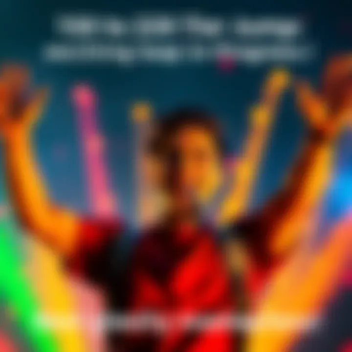 A person joyfully celebrating their jump from tier 150 to 220 with a big smile and raised hands in front of a colorful background