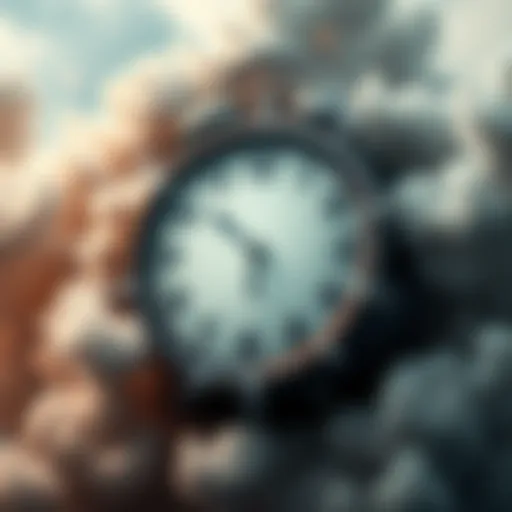 A clock with hands moving counterclockwise, surrounded by swirling clouds and fading numbers, illustrating the concept of reversed time.