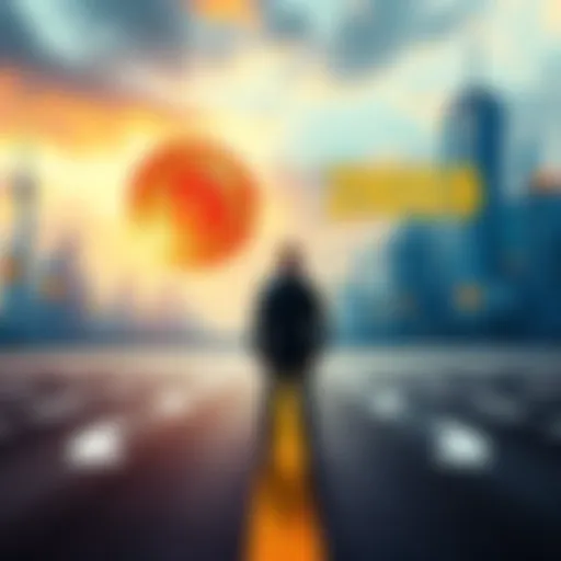 A person stands at a crossroad, one path leading to a 2009 Bitcoin logo and the other to a futuristic 2036 skyline with digital currency signs.