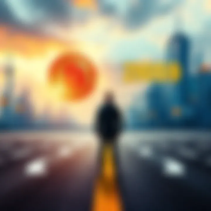 A person stands at a crossroad, one path leading to a 2009 Bitcoin logo and the other to a futuristic 2036 skyline with digital currency signs.