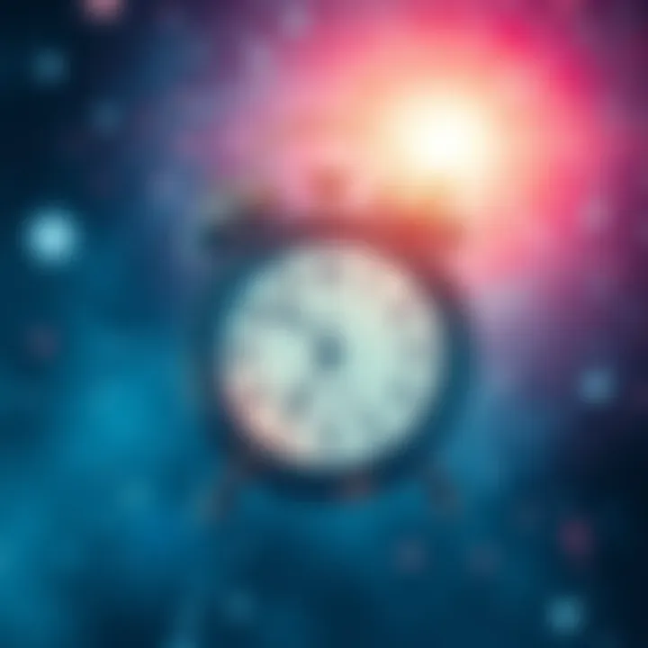 A visual representation of time travel with clocks and swirling stars in a cosmic background.