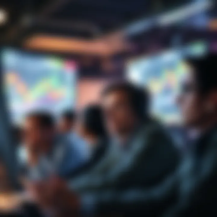 Tired investors looking at crypto charts A group of tired investors staring at cryptocurrency market charts on screens, showing signs of frustration and fatigue