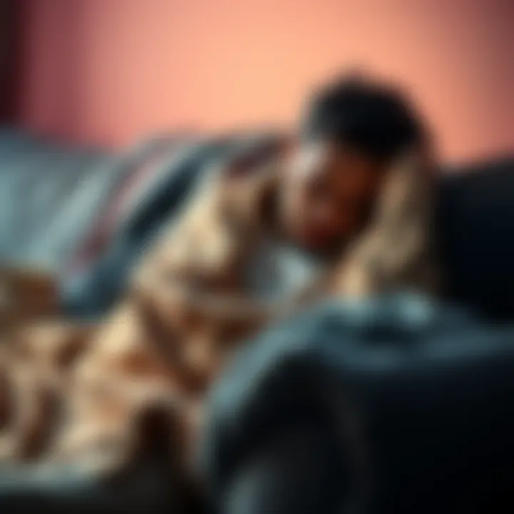 A person sitting on a couch with their head down, looking tired with a blanket draped over them