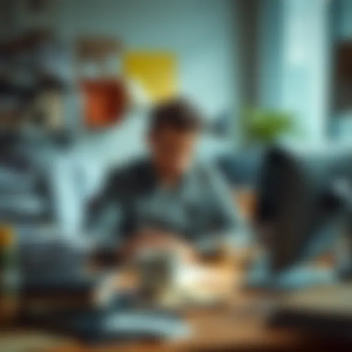 Tired worker at desk A fatigued employee sitting at a cluttered desk, looking stressed and overwhelmed due to long hours at work. Papers and a coffee cup are scattered around.