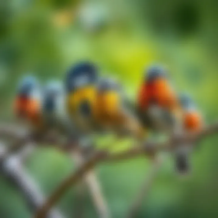 A group of colorful tits birds perched on branches, showcasing their varied plumage and lively demeanor.