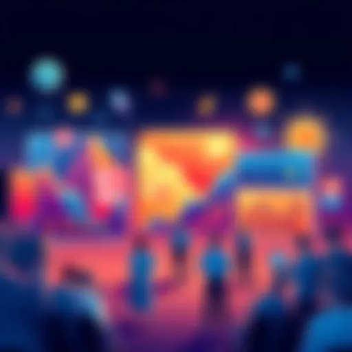 An illustration showing various innovative projects like a prediction market and token launches with community members discussing ideas