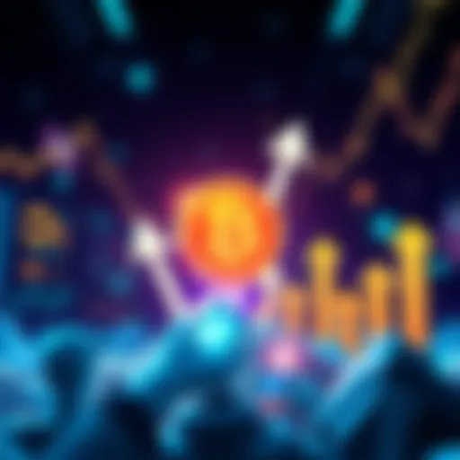 Illustration showing a token symbol with upward arrows representing growth and marketmakers in the background