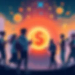 Illustration showing diverse participants engaging in a token launch on Solana, with fair-launch symbols and digital currency graphics in the background.