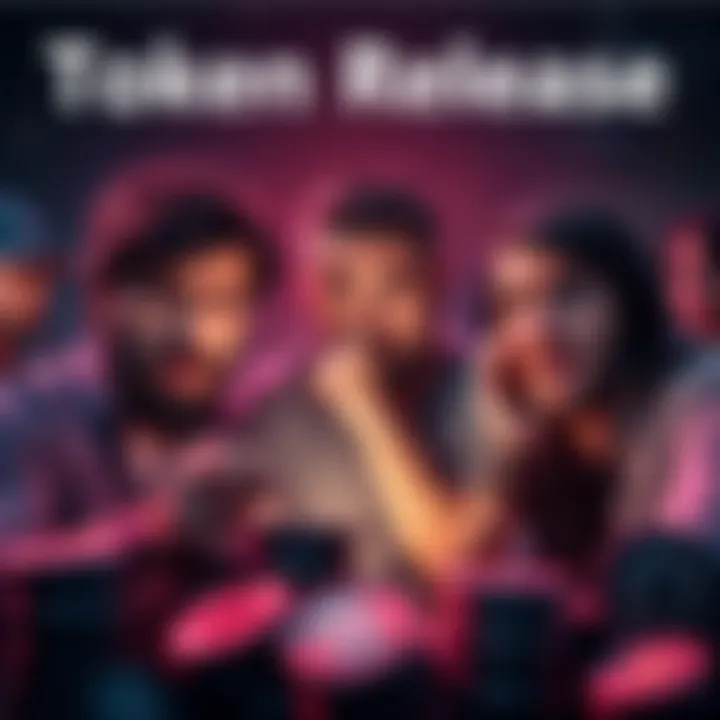 Token Release Concern Frustrated community members discuss token release with worried expressions and digital tokens in the foreground.