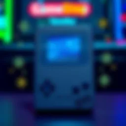 A digital representation of a Gameboy cartridge with blockchain symbols around it, symbolizing the concept of tokenization in gaming.