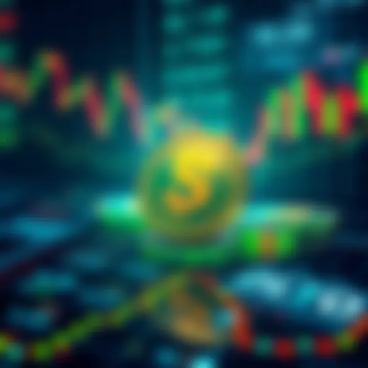 An illustration of tokenized stocks represented as digital tokens on a blockchain, with financial charts in the background.