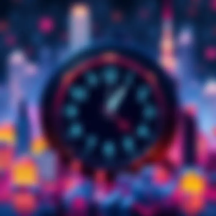 A digital clock displaying each minute as a unique token symbolizing time as an asset, surrounded by abstract representations of digital real estate.