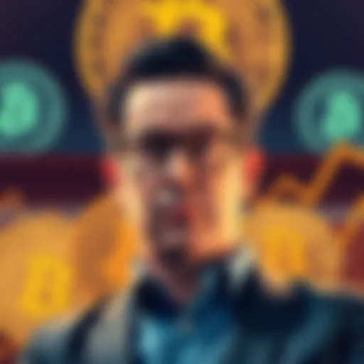 A graphic showing Tom Lee looking concerned as Bitcoin prices drop, with a dollar sign graphic indicating loss, and Bitcoin logos in the background.