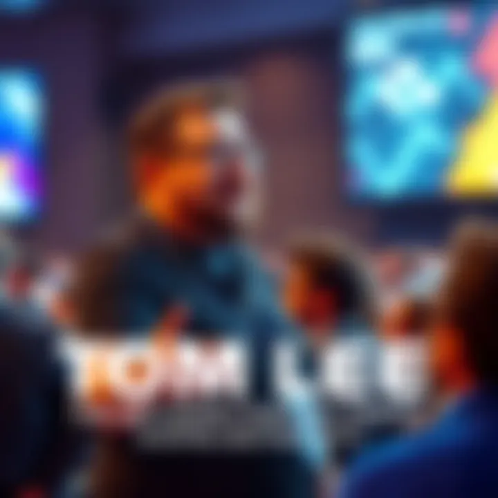 Tom Lee giving a talk on cryptocurrency trends at a conference with an engaged audience.