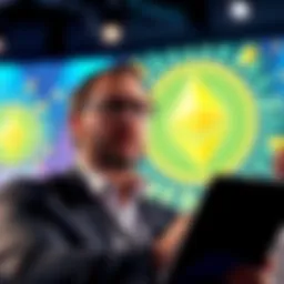 Tom Lee explaining Ethereum's future at a financial conference, with Ethereum symbols in the background.