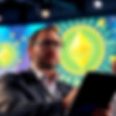 Tom Lee explaining Ethereum's future at a financial conference, with Ethereum symbols in the background.