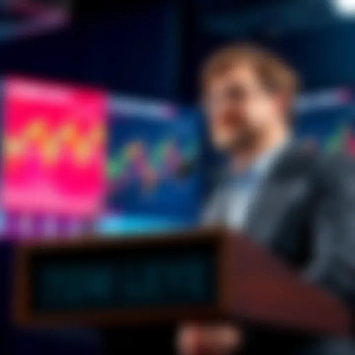 Tom Lee speaking at a media event Tom Lee at a podium discussing media influence while charts of Ethereum are displayed behind him