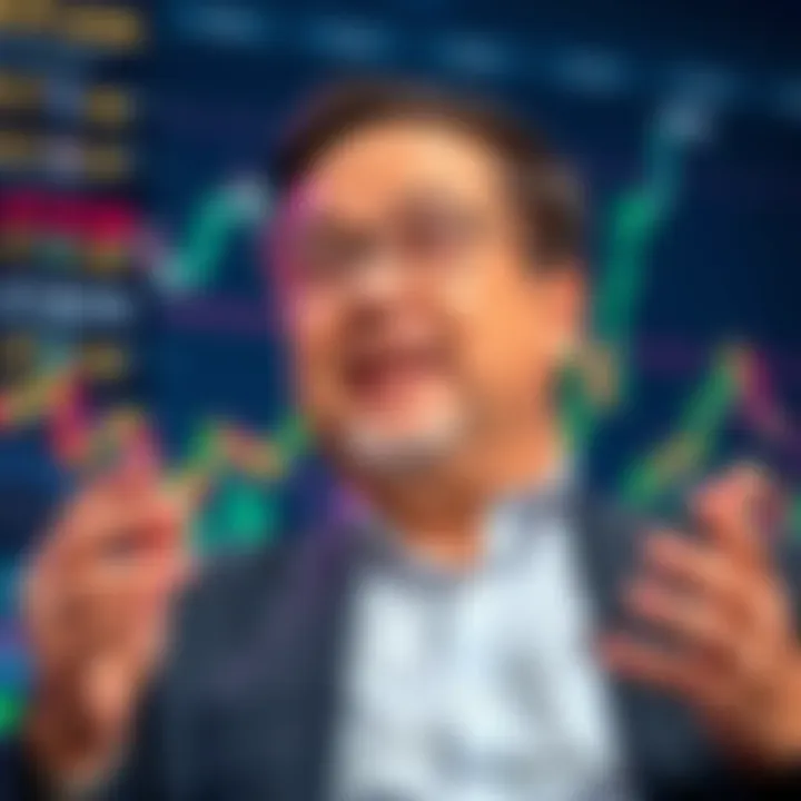 Financial analyst Tom Lee speaking about cryptocurrency market recovery with a positive outlook, set against a backdrop of rising cryptocurrency charts.