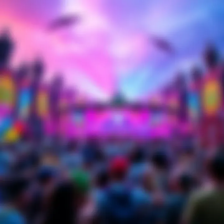 A colorful festival scene with people excitedly preparing for Tomorrowland Brasil 2027, surrounded by vibrant decorations and promotional banners for the event.