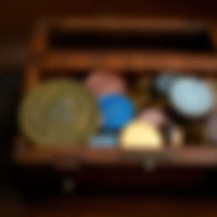 A wooden box containing various coins that have changed color due to moisture exposure
