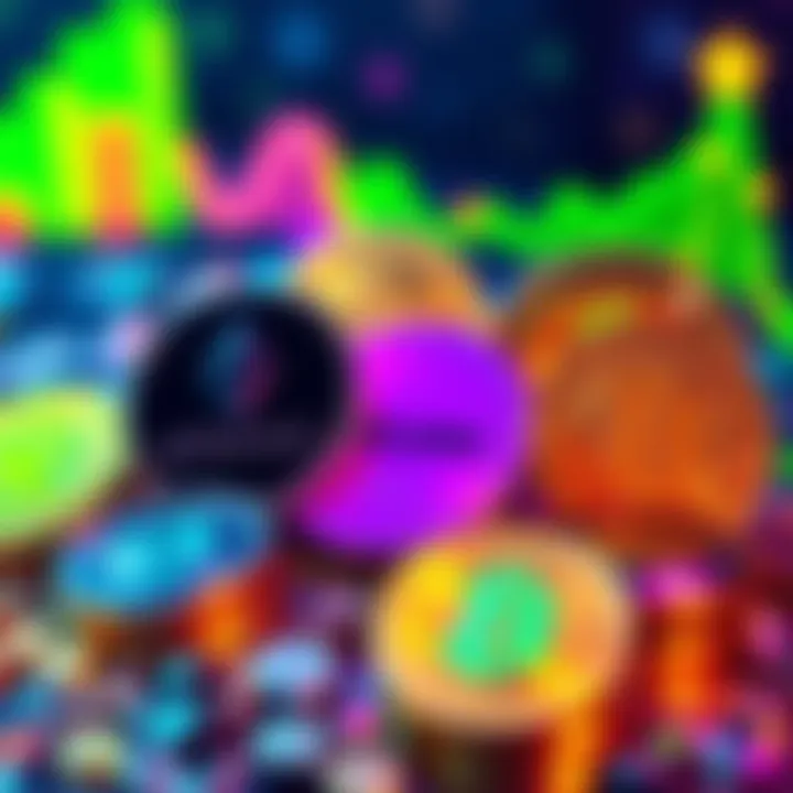 A visual representation of popular cryptocurrencies like Ethereum, Cardano, Solana, Bitcoin, and RYO Coin with symbols and logos in a vibrant digital design.