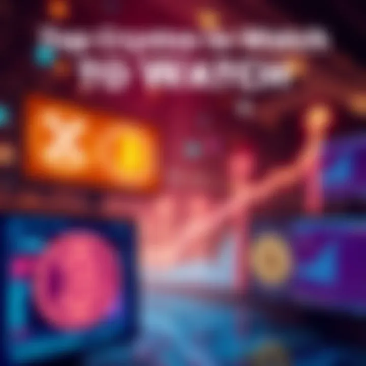 Various cryptocurrencies like XRP, ADA, HBAR, XLM, and KAS represented on digital screens with upward arrows indicating growth potential.