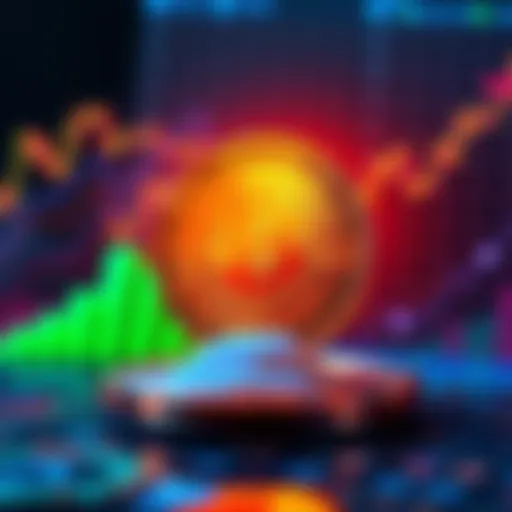 A shining crypto coin surrounded by glowing charts representing investment growth