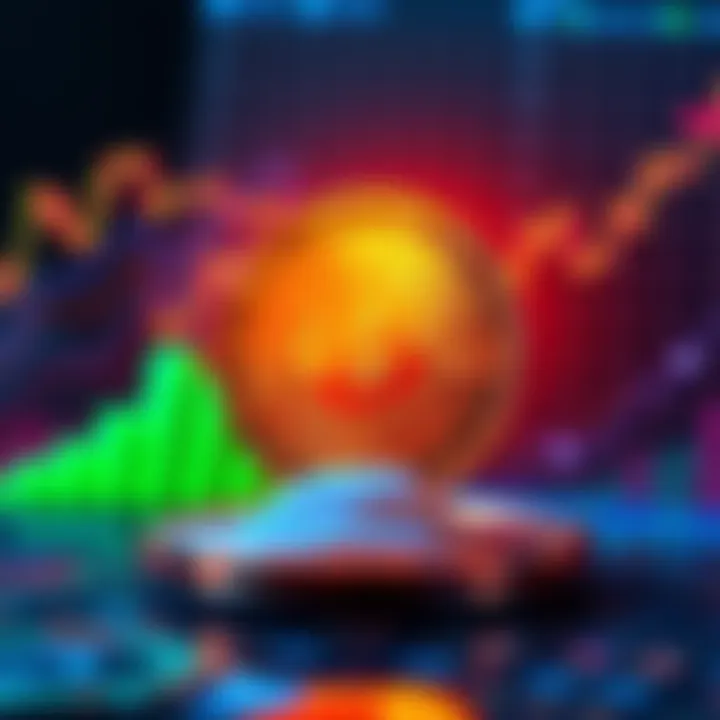 A shining crypto coin surrounded by glowing charts representing investment growth