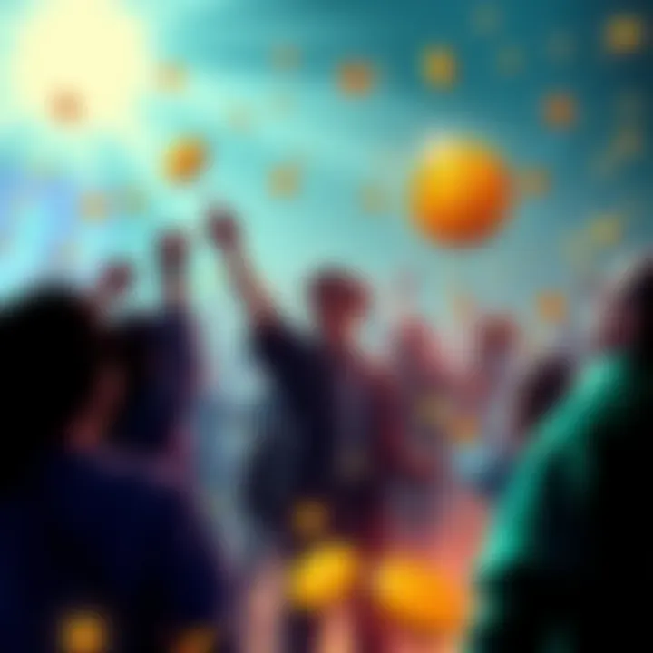 A graphic representing the growing community of $Toshi Coin with people celebrating their investments and digital coins in hand.