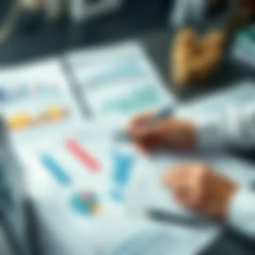 A person organizing financial documents and charts to track capital gains for tax purposes.