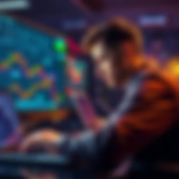 A frustrated trader looking at a laptop screen displaying declining altcoin values and charts