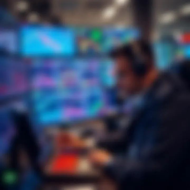 A trader reviews charts and graphs on multiple screens, focusing on market trends and making informed decisions.