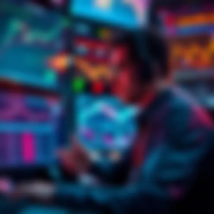 A trader looking at charts and graphs on multiple screens, evaluating market trends and strategies.