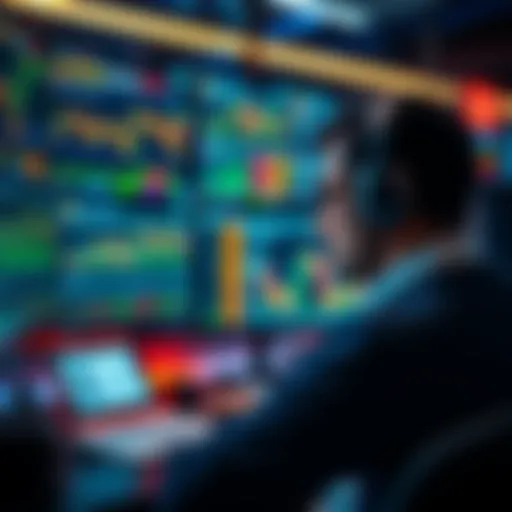 A trader focused on computer screens showing orderflow charts and trading data, emphasizing the importance of risk management to avoid overtrading