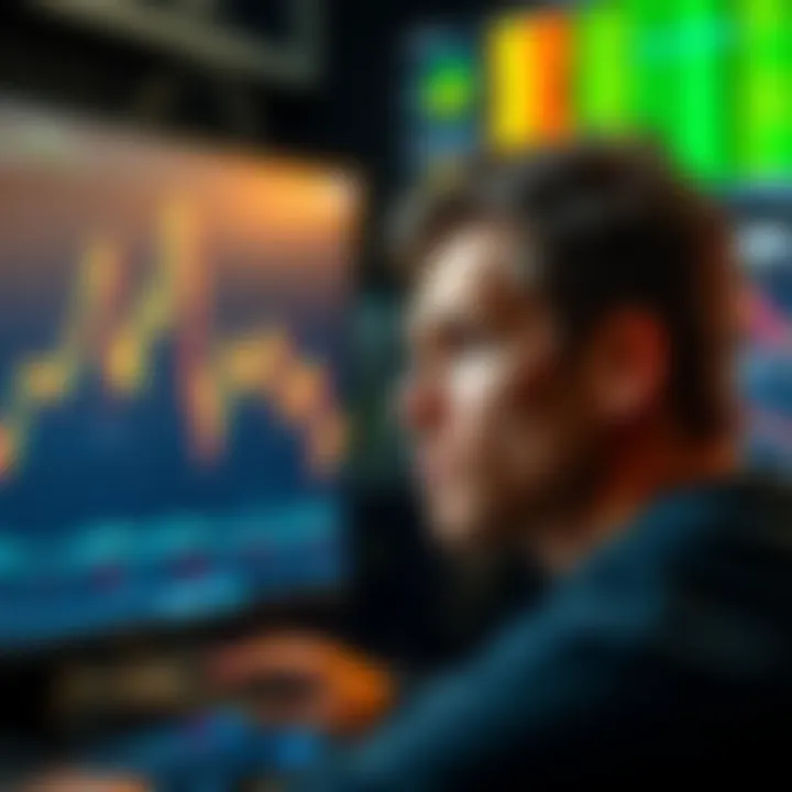 A trader gazing at a Bitcoin market chart on a computer screen, showing fluctuations and stress on their face