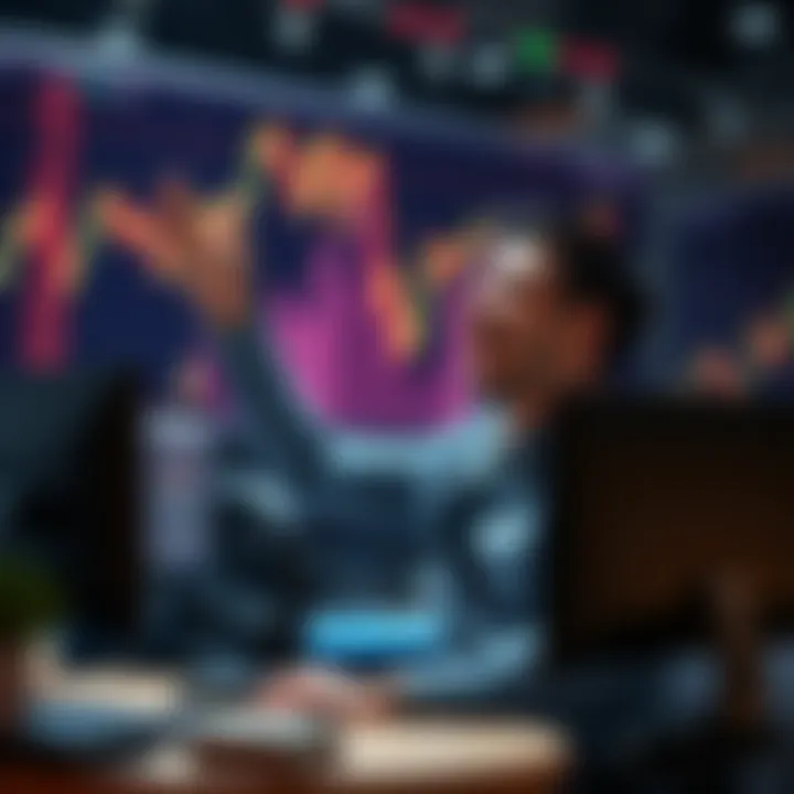 A trader on a computer celebrating after making significant profits, with charts showing rising numbers in the background.